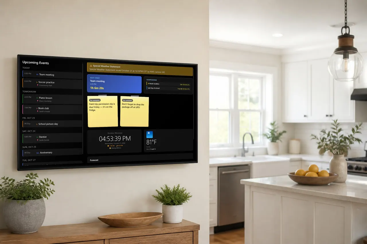 Roostwall calendar on a wall-mounted screen in a kitchen