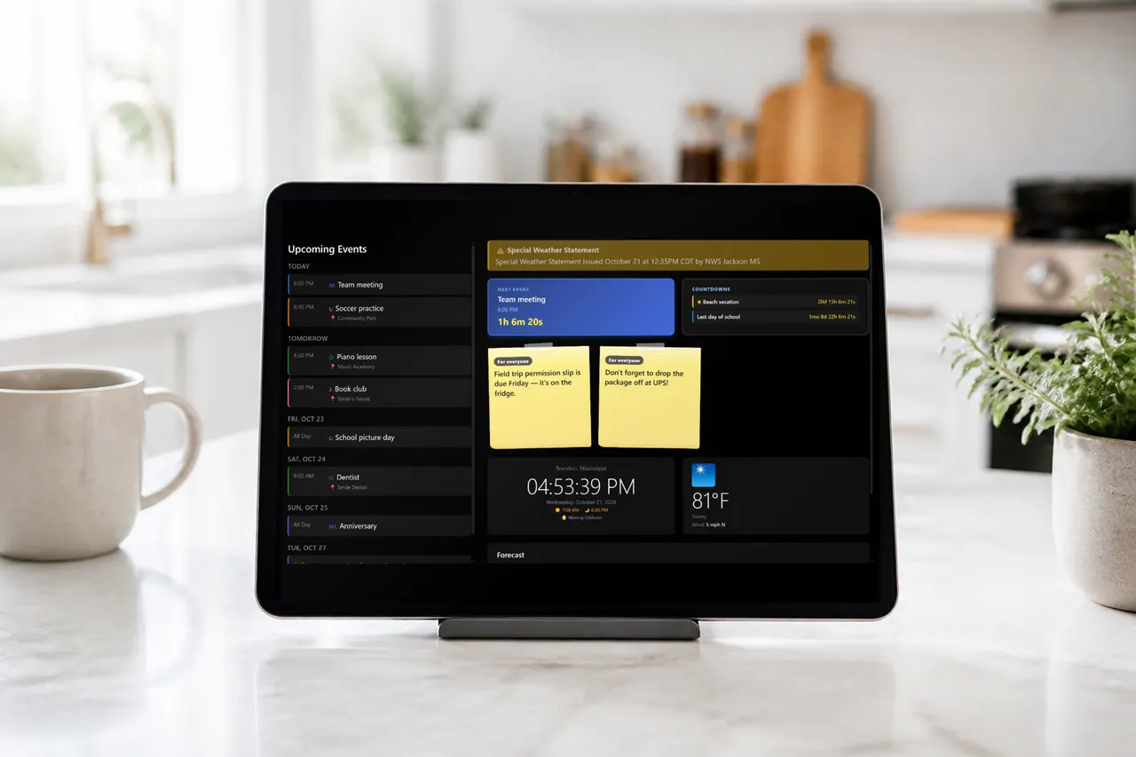 Roostwall family calendar on a tablet on a kitchen counter